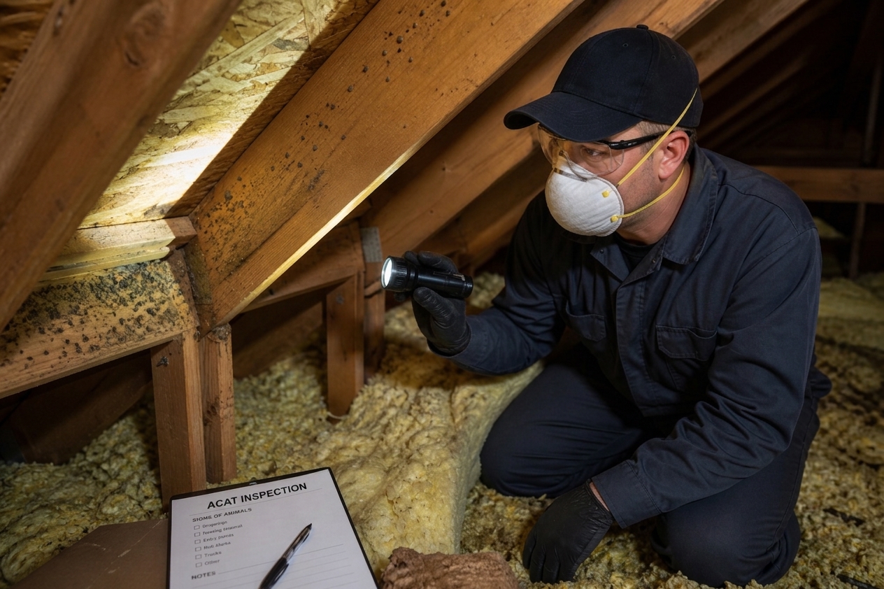 Attic inspection for nesting, contamination, and wildlife access-point mapping