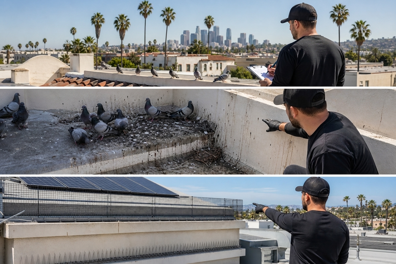 Wildlife technician inspecting a Los Angeles roofline for pigeon removal and bird proofing