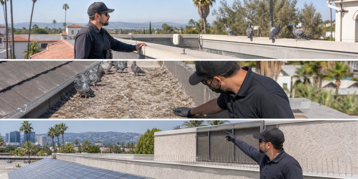 Pigeon activity and nesting areas being inspected on a Los Angeles roof