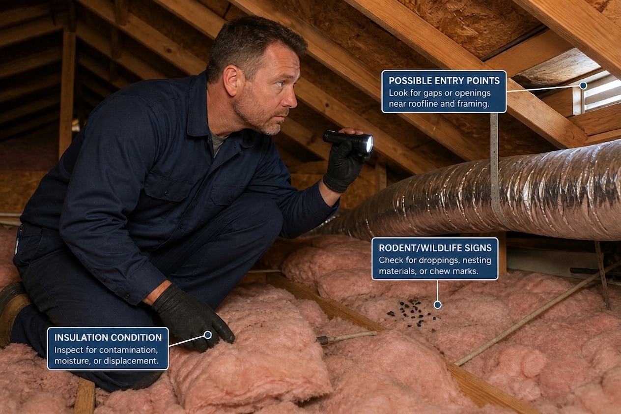 Wildlife technician inspecting attic insulation and wiring during a Studio City rat inspection