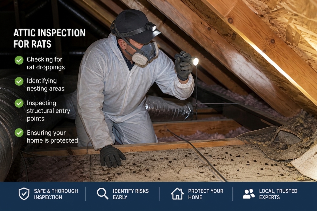 Technician inspecting roofline entry points for rat removal at a Studio City home