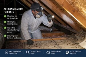 Wildlife removal technician inspecting a Riverside home for rat entry points
