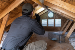 Wildlife technician inspecting a South Pasadena attic entry point