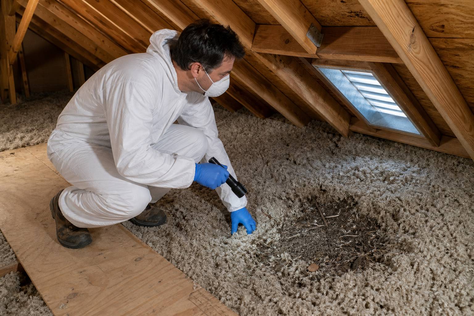 technician inspecting disturbed attic insulation after animal activity